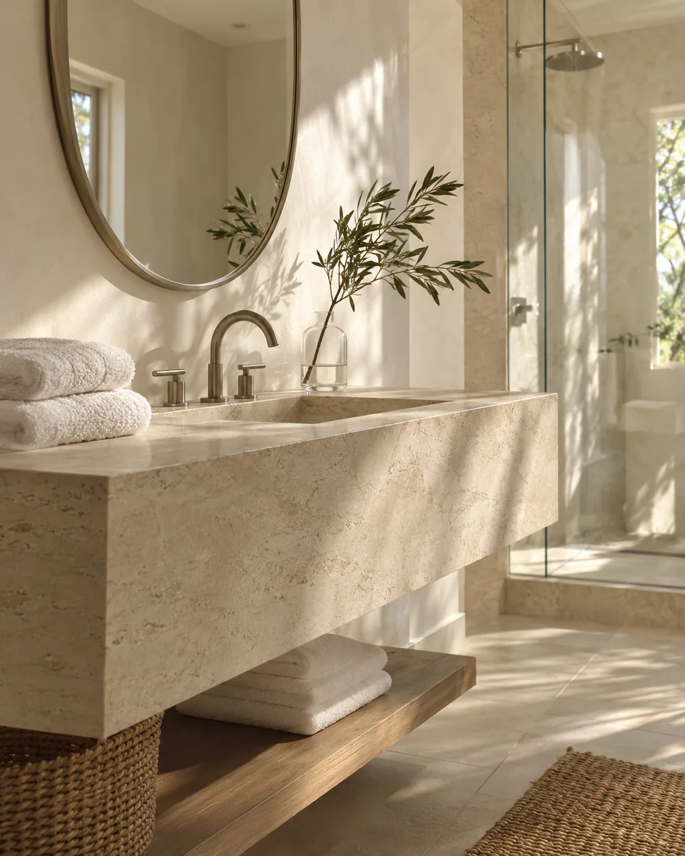 Soft towels and a clean stone basin in a calm bathroom