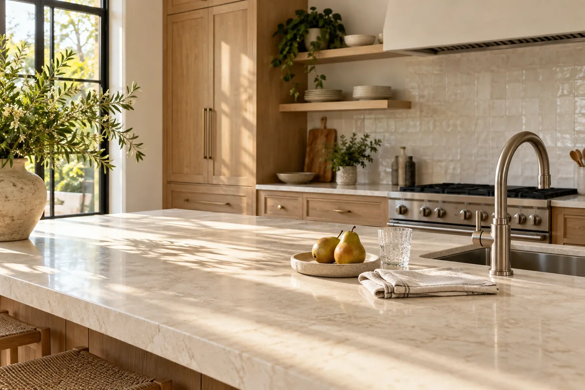 A freshly cleaned kitchen with a sunlit stone countertop