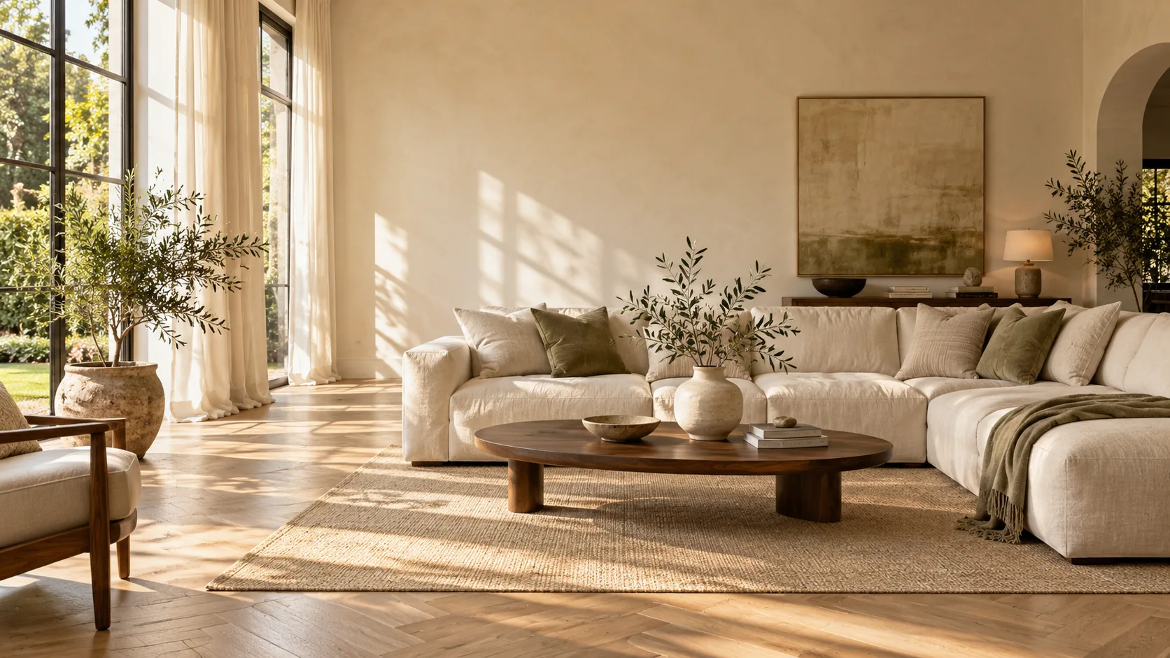 A sunlit living room with a soft linen sofa, oak floor and a walnut coffee table